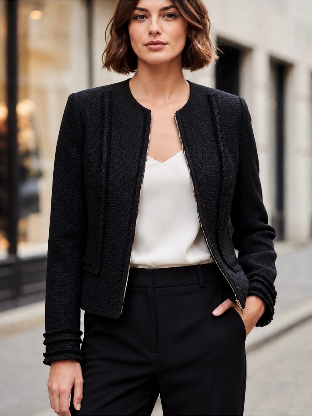 KARL LAGERFELD Black Tweed Fringe Collarless Zip Jacket Blazer Size 12